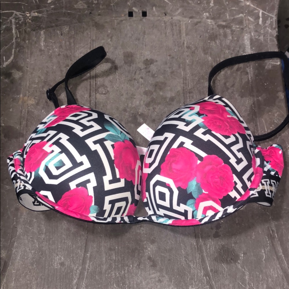Black and White Geometric Bra with Pink Floral Accents